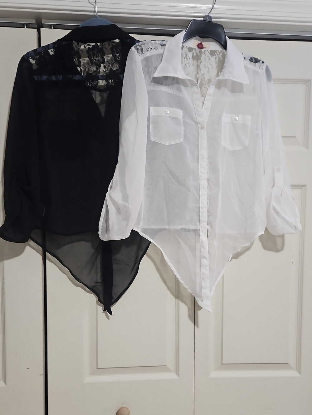 lei Sheer Lace-Yoke Point-Hem Button-Down Top - 2 Tops. Black and White.